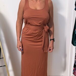Rust Sleeveless Midi Dress with Belt